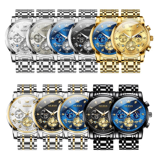 Olevs Gold Watches For Men Mens Gold Watch Big Face Watch For Men Luxury Watches For Man Blue Business Stainless Steel Dress Analog Quartz Chronograph Moon Phase Luminous Waterproof Easy To Read Reloj De Hombre