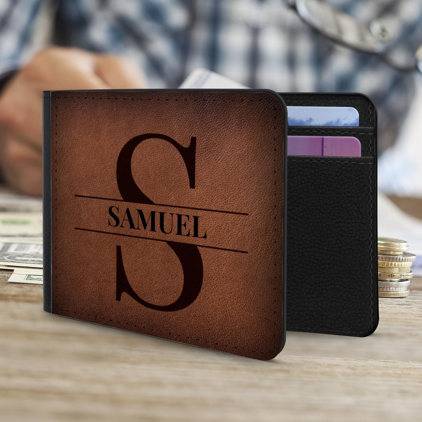 Sentiment House Personalized Wallet for Men – Custom Engraved Men's Wallet, Faux Leather, ID Windows, Card Slots – Tarjeteros de Hombres, Leather Gifts for Him, Husband Birthday Gift, Boyfriend Gift