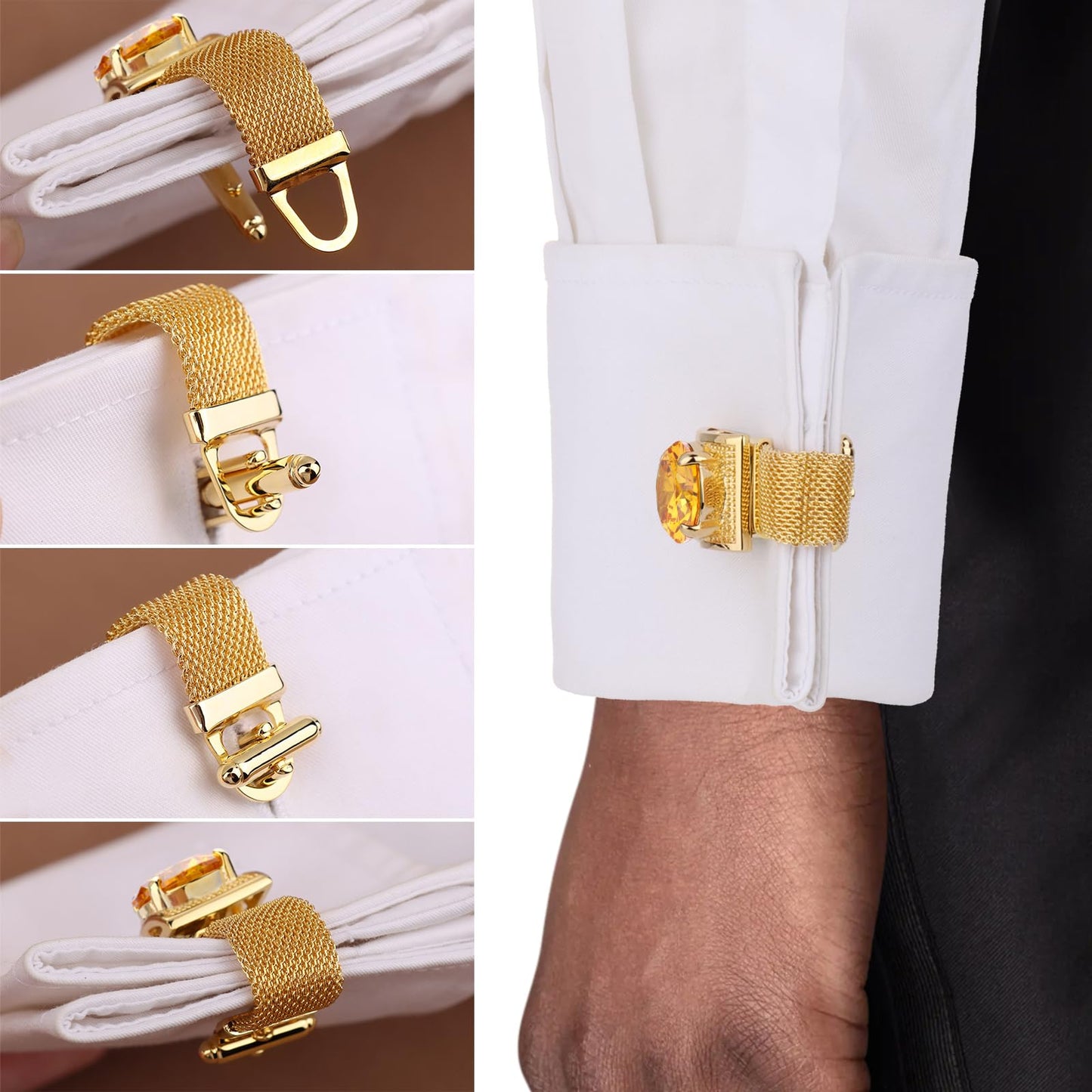 Birthstone Cufflinks for Men with Chain - Shiny Gold Tone Shirt cuff links -Wedding Business Birthday Christmas Gifts for Men.