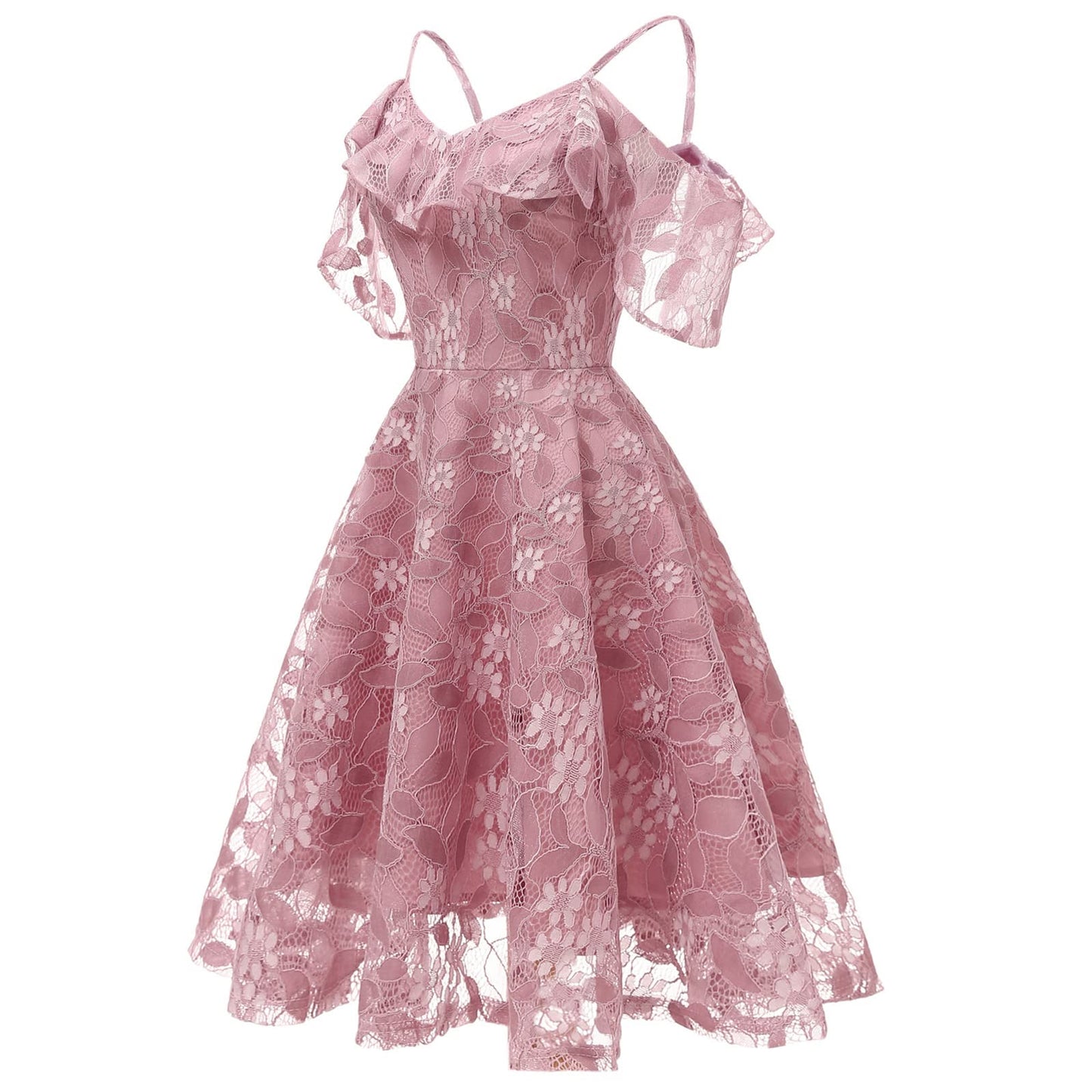 Women Floral Lace Bridesmaid Formal Party Dress Short Prom Dress V neck Spaghetti Strap Dress Cold Shoulder Ruffle Sleeve Dress Retro Backless Knee Length Wedding Guest Evening Cocktail Dress Pink M