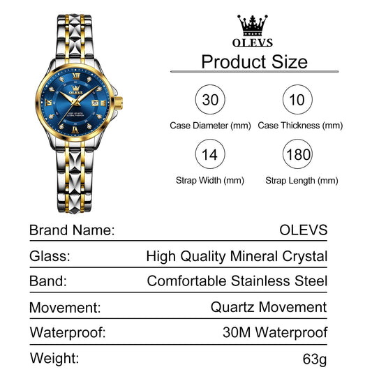 OLEVS Blue Watches for Women Stainless Steel Elegant Dress Women Watch Waterproof Analog Two Tone Women's Bracelet Watches Small Wrist Luminous Ladies Diamond Watch with Day Date Easy to Read