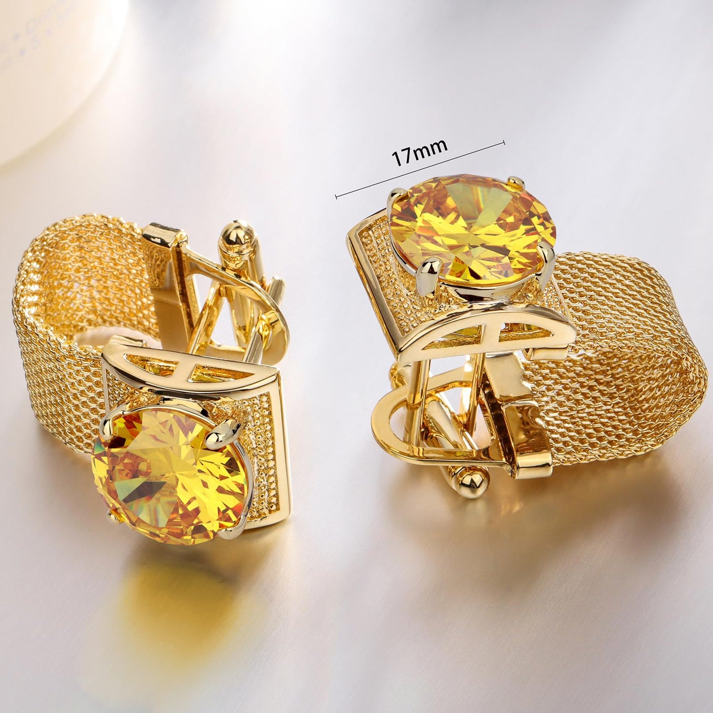 Birthstone Cufflinks for Men with Chain - Shiny Gold Tone Shirt cuff links -Wedding Business Birthday Christmas Gifts for Men.