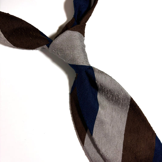 Navy Blue / Silver / Brown Block Stripe Untipped Silk Shantung Tie-1