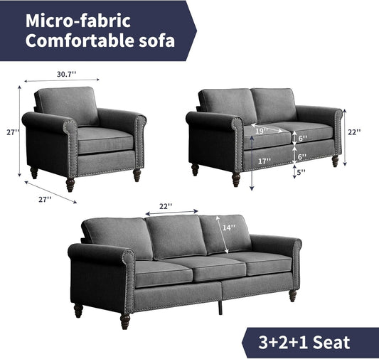 3 Piece Living Room Sofas Set, 3-Seat Sofa Couch and Loveseat & Chair Furniture, Modular Sectional Couch, Couches Sets with Armchair for Living Room/Bedroom/Home/Apartment - Dark Grey-1