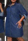 Casual Solid Color Pocket Buckle Turndown Collar Denim Plus Size Dresses