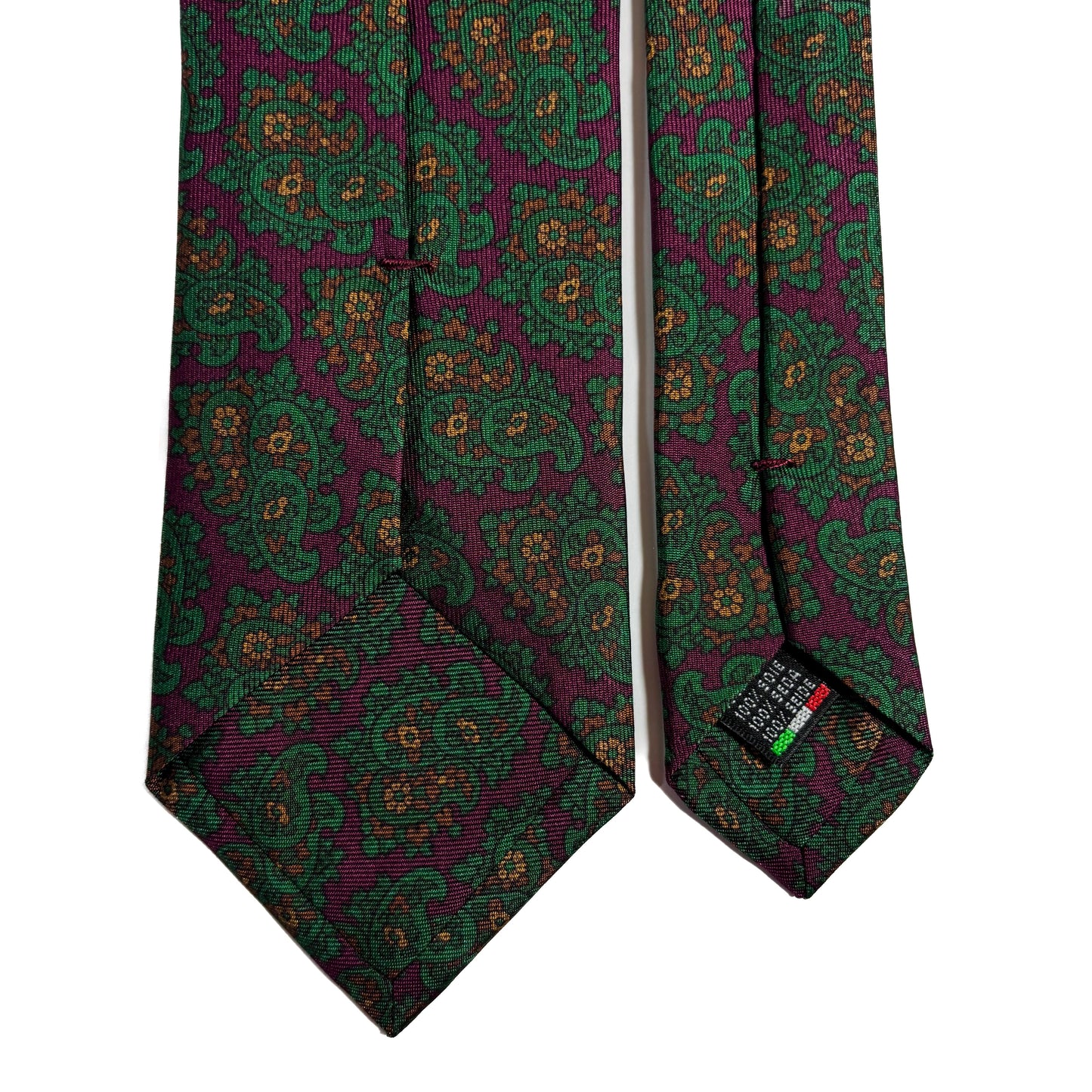 Hand-Printed Wine Red & Green Paisley Ancient Madder Silk Tie-3