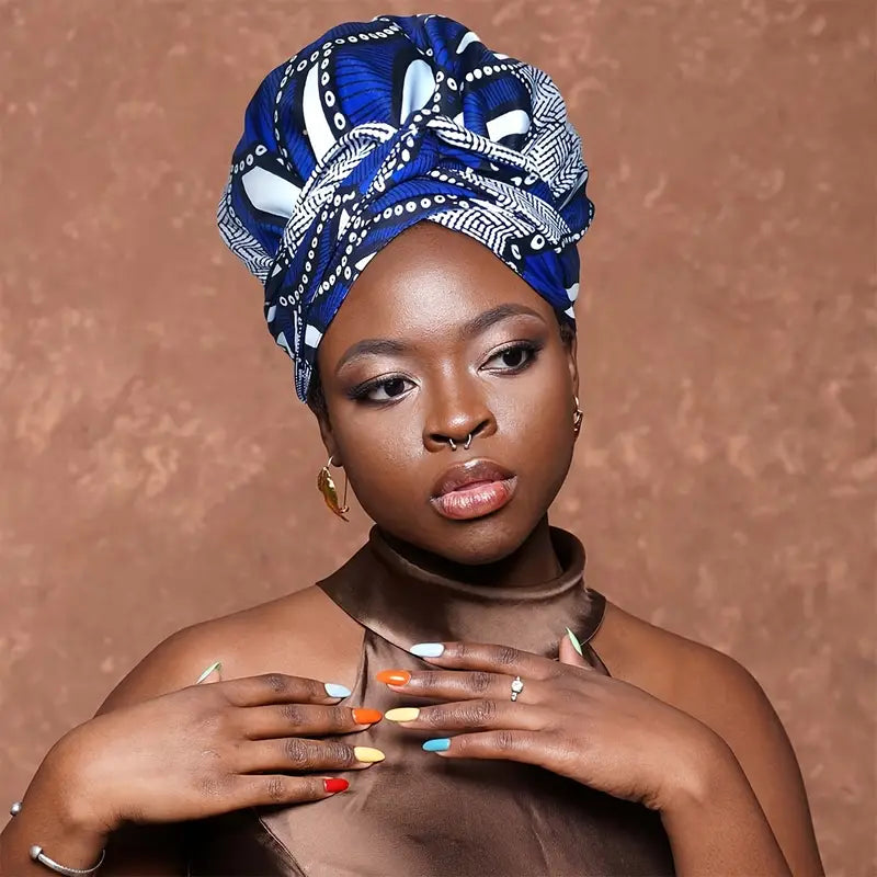 Boho Geometric Print Turban Hat Satin-Lined Head Wraps Vintage Lace Up Headscarf Beanies Bandanas For Women