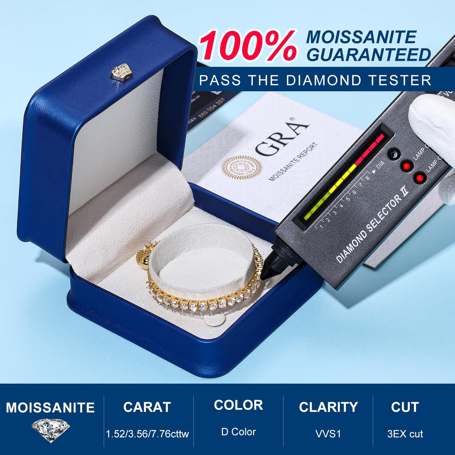 Moissanite Tennis Bracelet, 7.76 Carats Adjustable Bracelet for Women 18K Yellow Gold Plated S925 Sterling Silver Tennis Bracelet D Color VVS1 Round Cut 4MM Moissanite Bracelet Mothers Day Gift