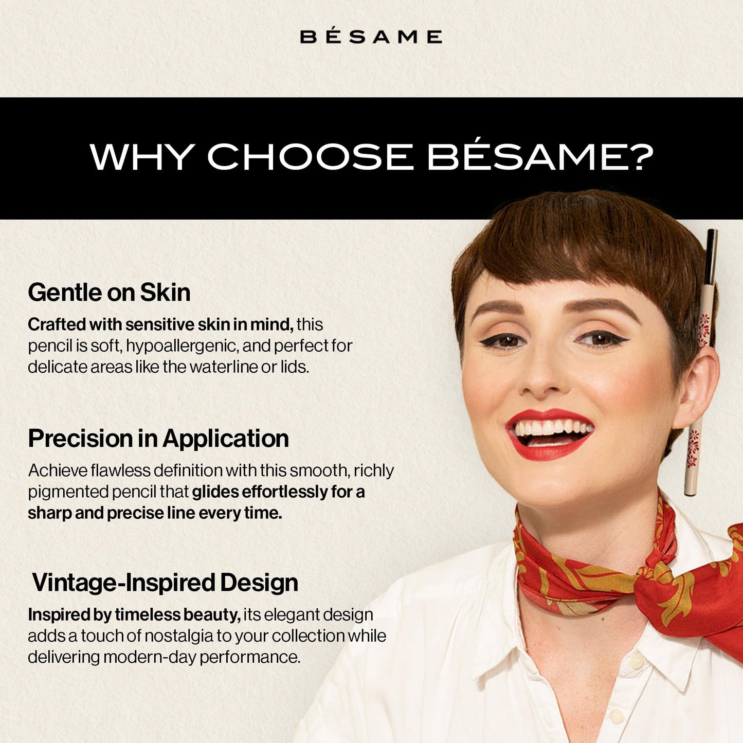 BESAME MasterLiner Pencil Black – Matte Black Eyeliner, Vintage-Inspired Gluten-Free Eye Liner Pencil for Bold, Precise Lines and Easy Application