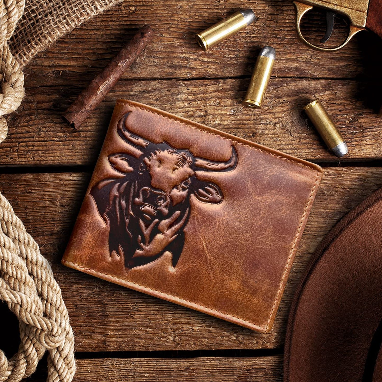 MID WEST RANGE Western Wallet For Men - Full Grain Leather Rodeo Bull Bifold Wallet For Cowboys - Mens RFID Wallet - Cowboy Wallet - Gifts For Him