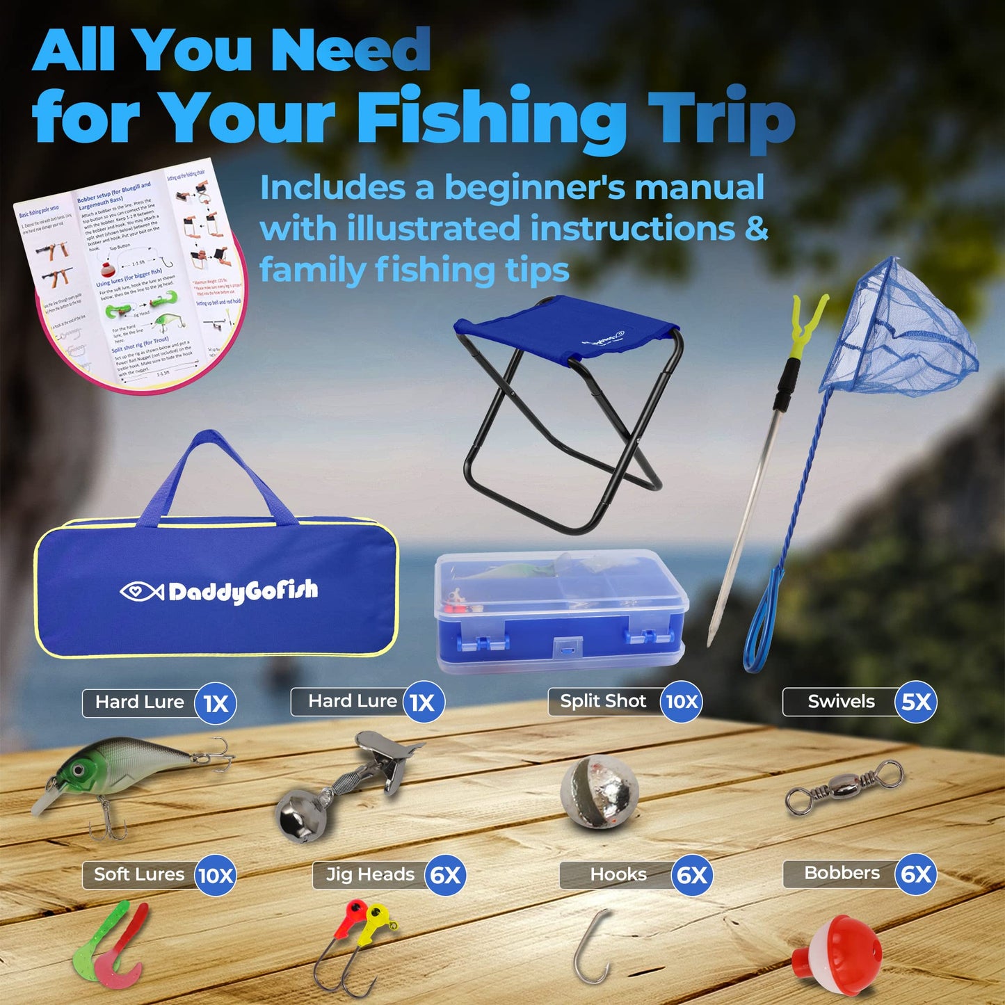 DaddyGoFish Kids Fishing Pole - Rod Reel Combo Tackle Box Starter Set - First Year Small Dock Gear Kit for Boys Girls Toddler Youth Age Beginner Little Children Junior Anglers (Blue, 4ft)
