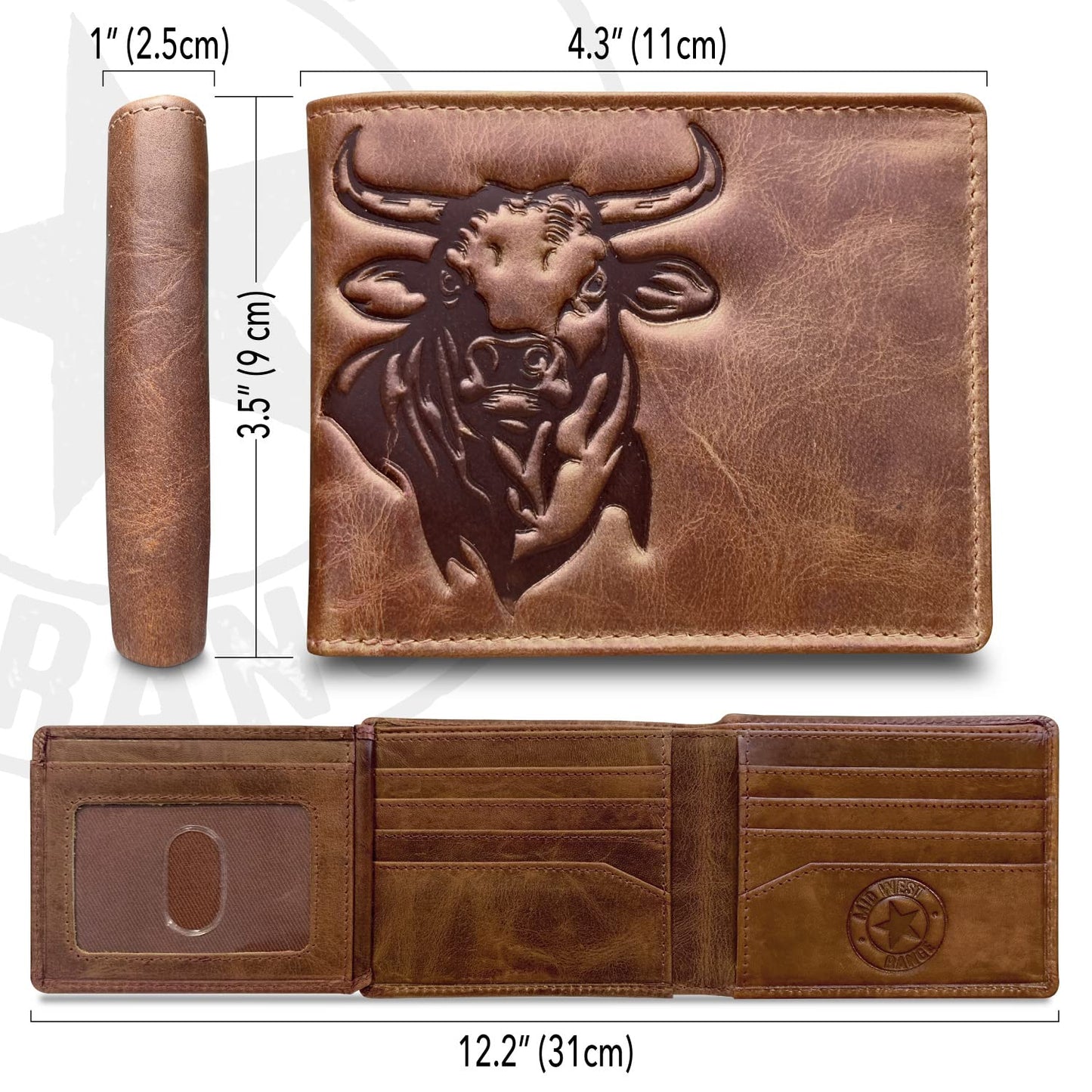 MID WEST RANGE Western Wallet For Men - Full Grain Leather Rodeo Bull Bifold Wallet For Cowboys - Mens RFID Wallet - Cowboy Wallet - Gifts For Him