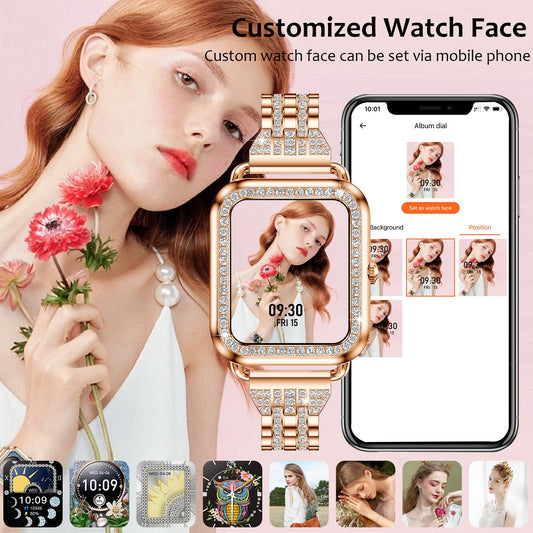 Efolen Smart Watches for Women with Diamonds (Answer/Make Call), 1.57'' Bluetooth Smartwatch for Android iOS Phones, Waterproof Fitness Watch with Heart Rate/SpO2/Sleep/BP/AI Voicer (Rose Gold)