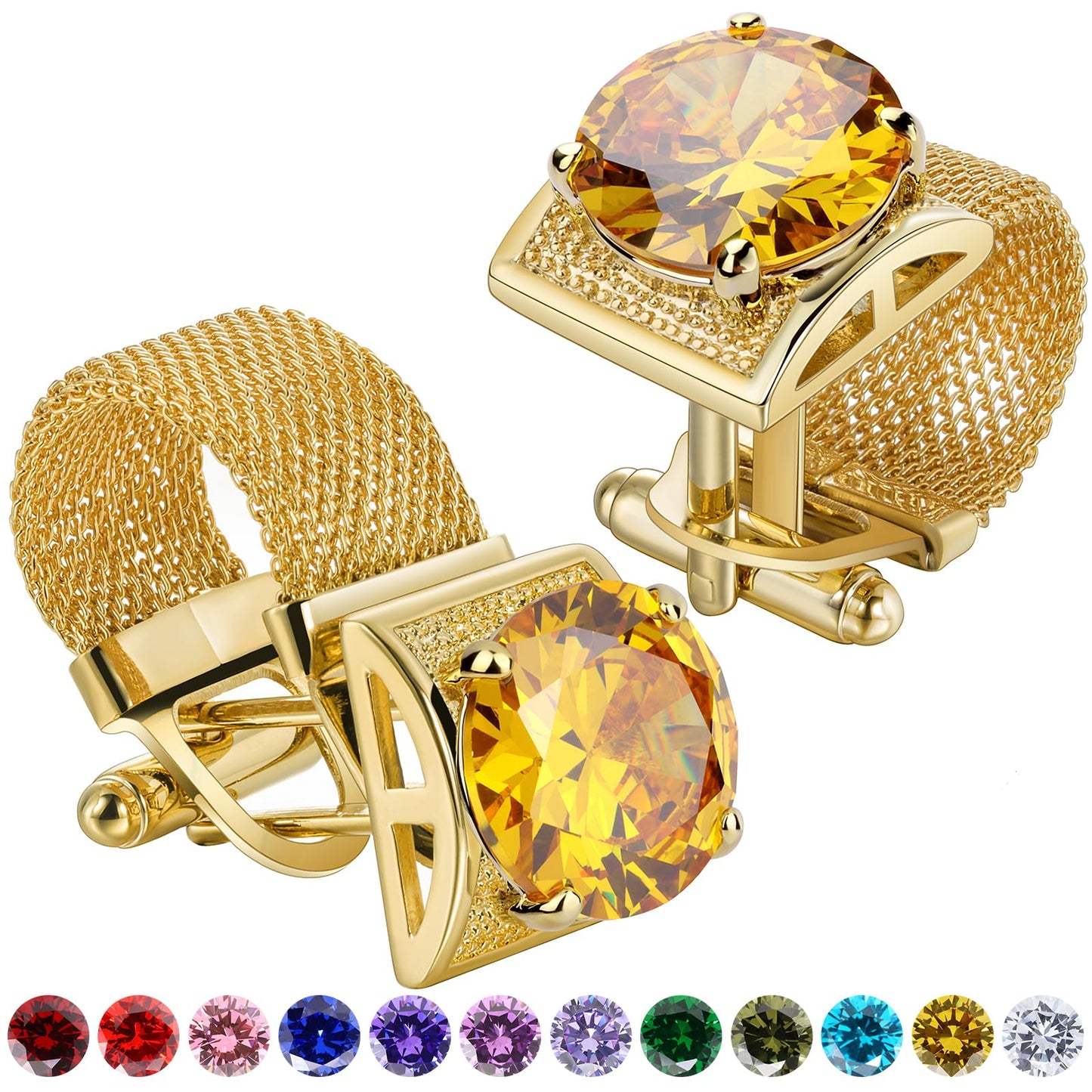 Birthstone Cufflinks for Men with Chain - Shiny Gold Tone Shirt cuff links -Wedding Business Birthday Christmas Gifts for Men.