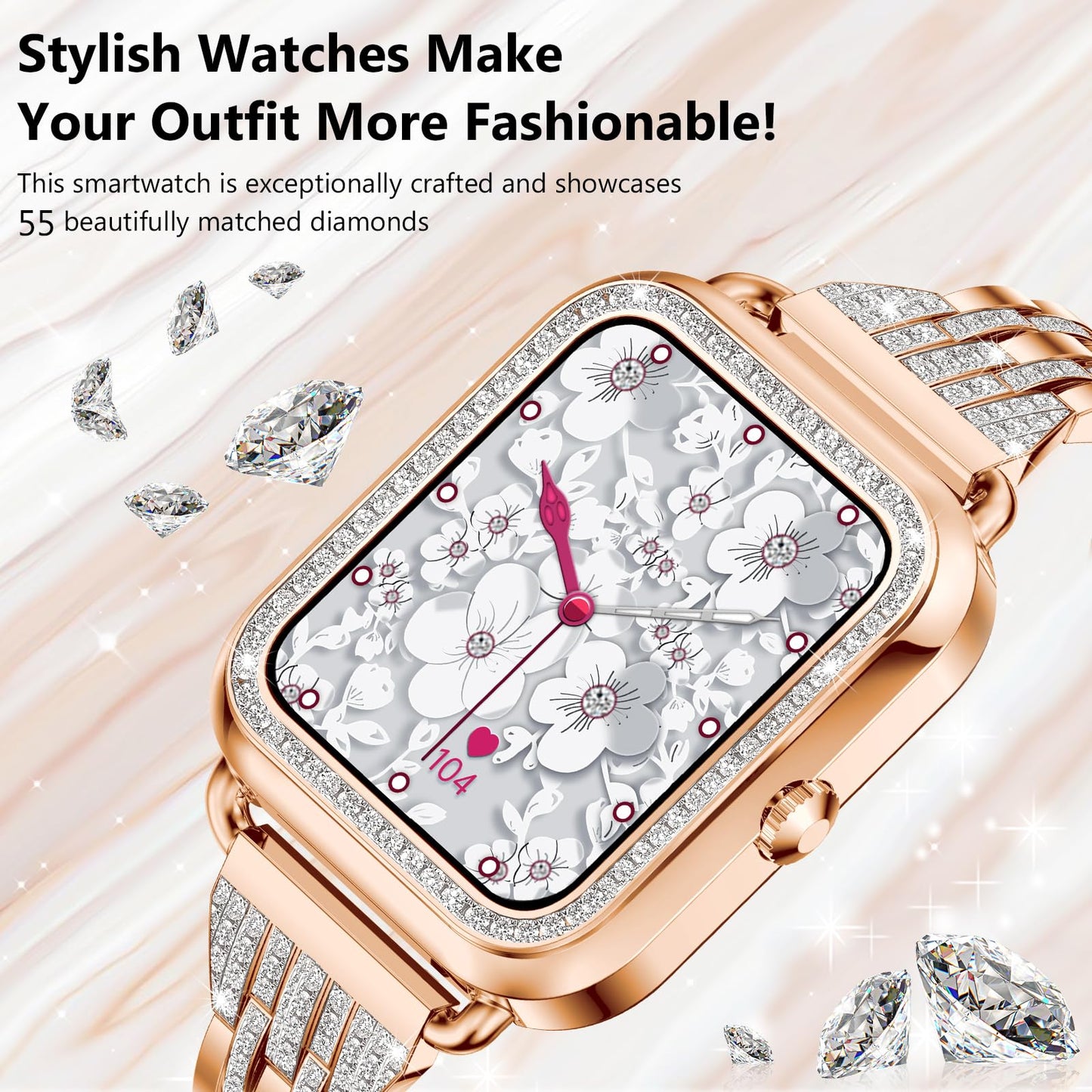 Efolen Smart Watches for Women with Diamonds (Answer/Make Call), 1.57'' Bluetooth Smartwatch for Android iOS Phones, Waterproof Fitness Watch with Heart Rate/SpO2/Sleep/BP/AI Voicer (Rose Gold)
