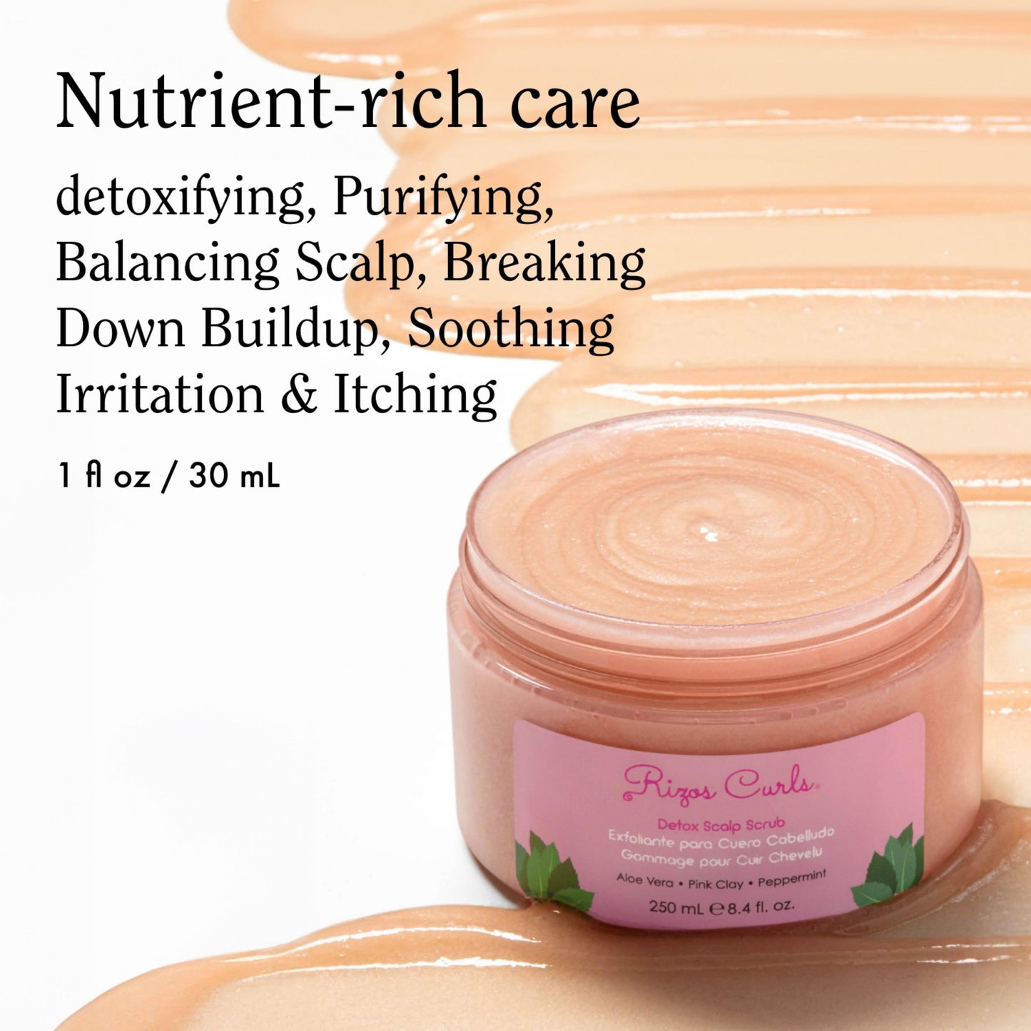 Rizos Curls Detox Scalp Scrub, Exfoliates to Remove Buildup & Excess Oil, Soothes Itchy Scalp, Detoxifying & Clarifying with Pink Clay, Aloe Vera & Peppermint Oil, All Hair Types 1a - 4c, 8.4 oz