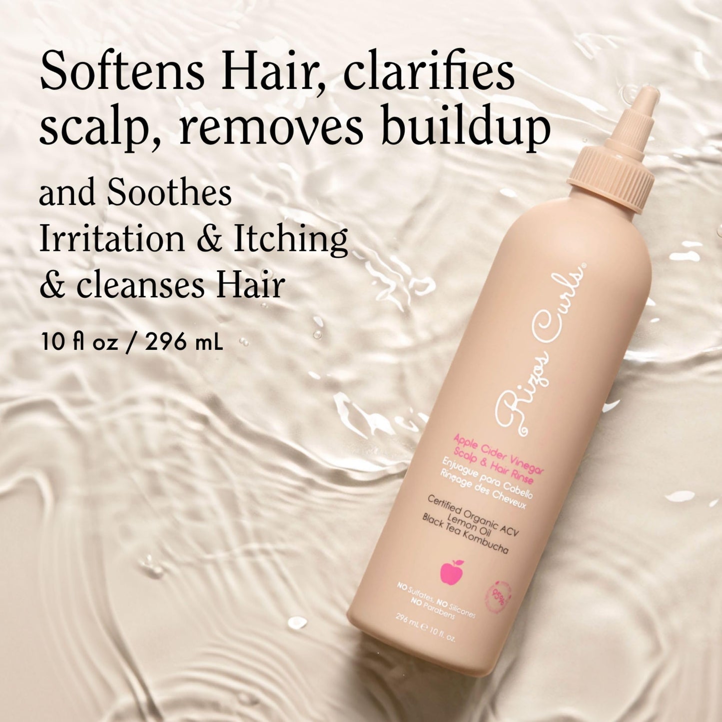 Rizos Curls Apple Cider Vinegar Scalp & Hair Rinse, Clarifies to Remove Product Buildup, Balance Oils, Revive Hair & Scalp, Enhances Softness & Shine, 10 oz