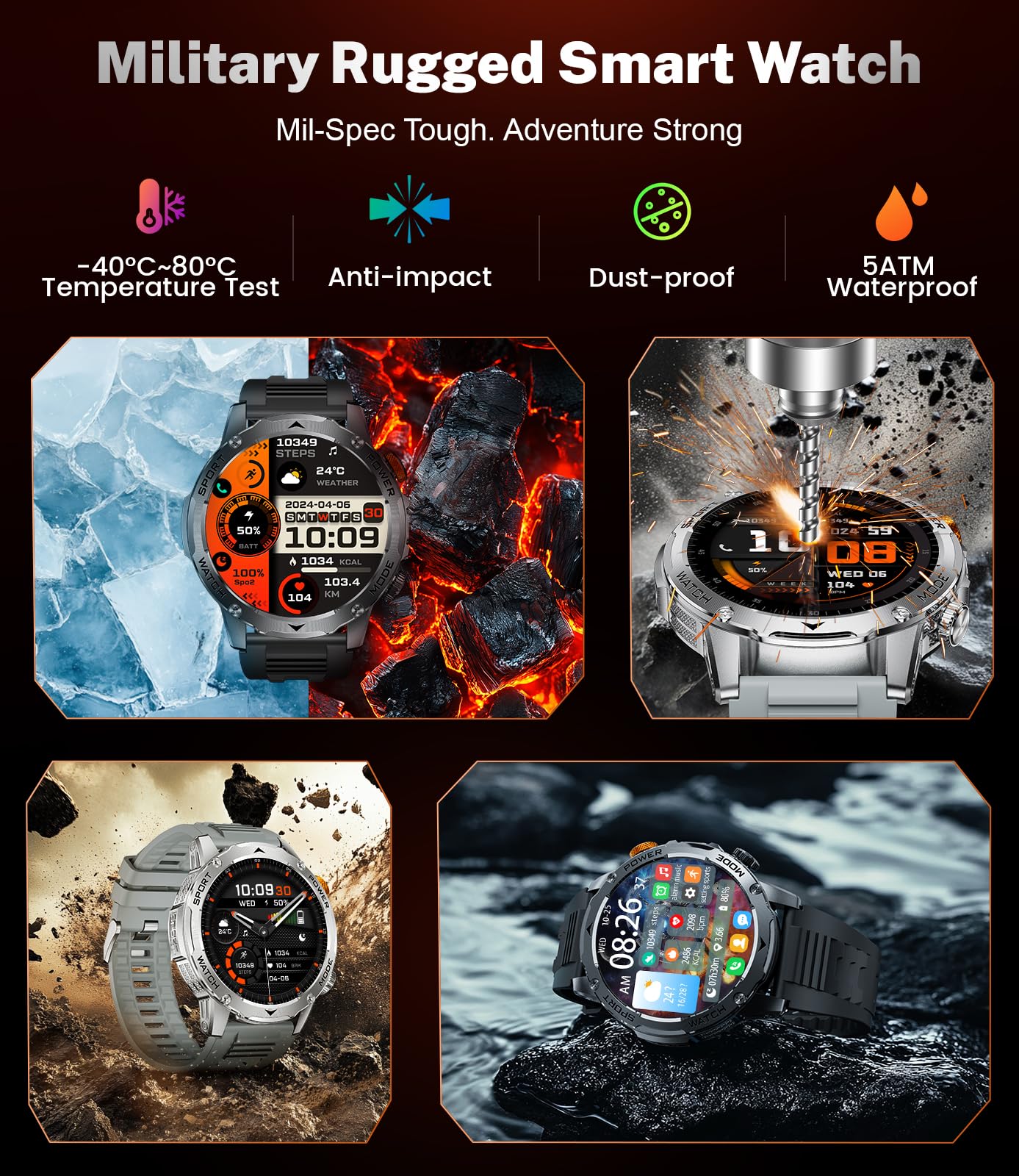 Military Smart Watches 1000 mAh Battery/Flashlight,1.75'' IPS HD Display Smart Watch for Men(Make Call),IP68 Waterproof Fitness Watch with Heart Rate,Sleep Monitor,100+ Sports Modes,for iOS Android