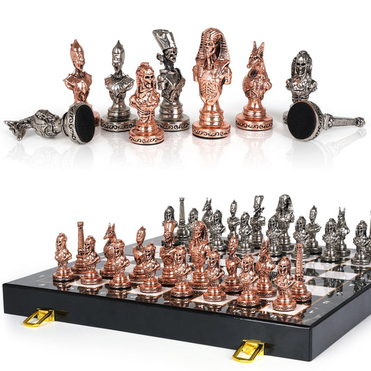 Large Egyptian Metal Chess Set for Adults with Travel Foldable Marbling 15-Inch Chess Board - Weighted Metal Chess Pieces- Luxurious Chess Sets for Collectors Family Vintage Board Game