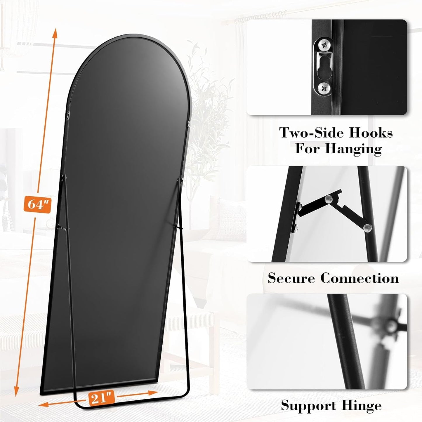 Arched Full Length Mirror with Stand 64"X21" Floor Standing Aluminum Frame for Bedroom Body Hanging Leaning Modern Simple Home Decor Shatter-Proorf Nano Glass Wall Living Room Cloakroom Black-4