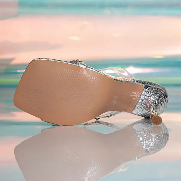 Silver Studded Stiletto High Heel Open Toe Square Party Sandals (Heel Height 3.46in)