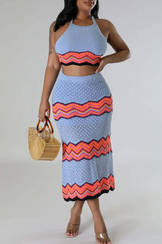 Sweet Striped Bandage Hollowed Out Patchwork Backless Halter Sleeveless Two Pieces