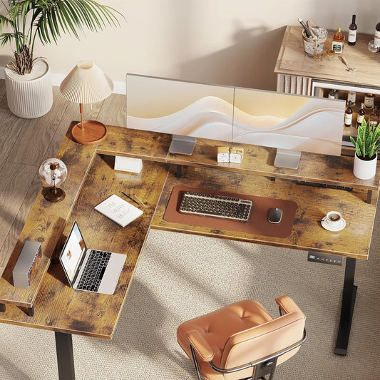 Electric L Shaped Standing Desk, 59 Inch Height Adjustable Stand up Desk with Power Outlets & Full Monitor Stand, Reversible Corner Desk for Home Office & Computer Workstation, Rustic Brown-1