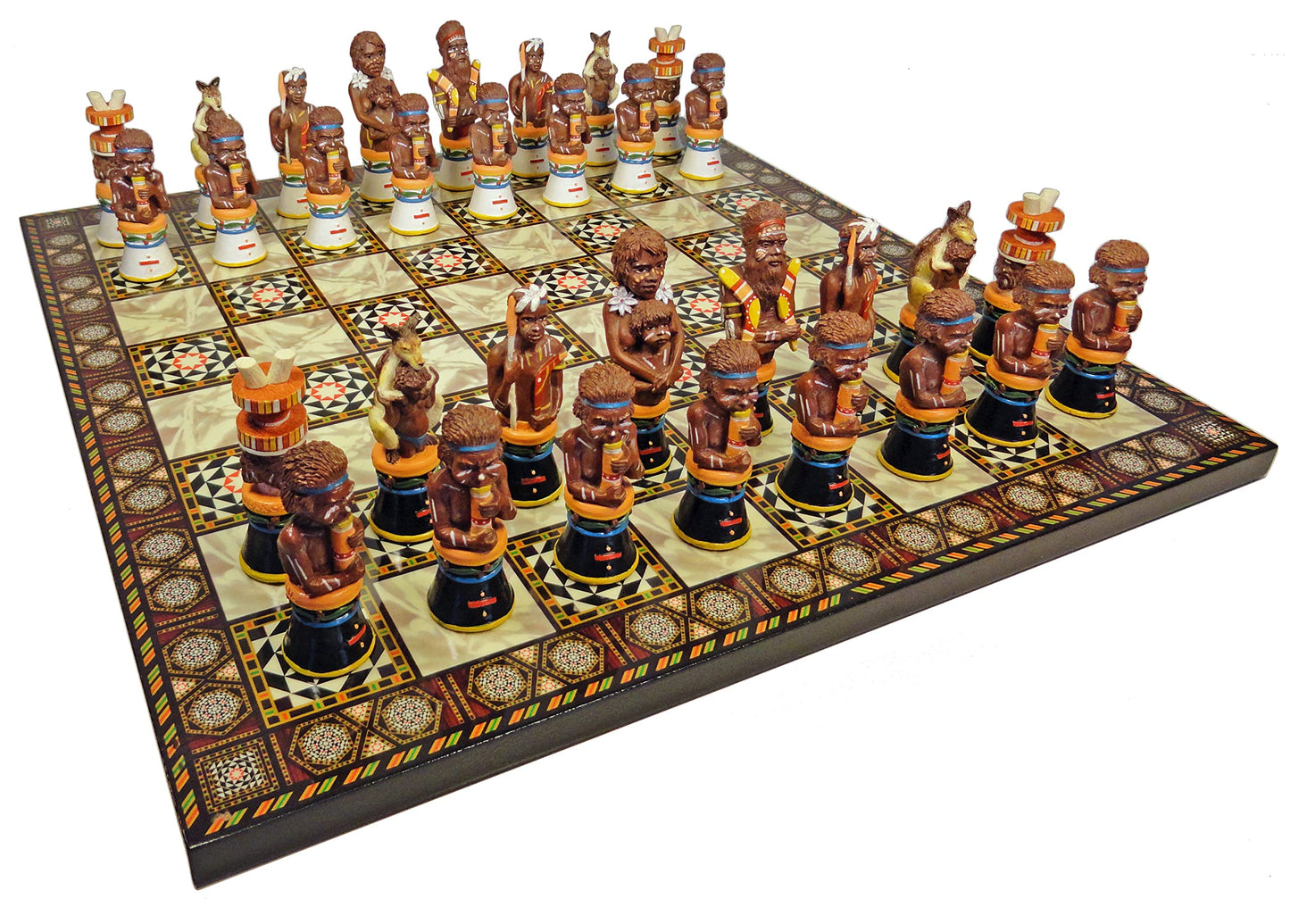 Australian Aborigines Tribal Chess Set with 14 1/2 inch Mosaic Color Board Aboriginal