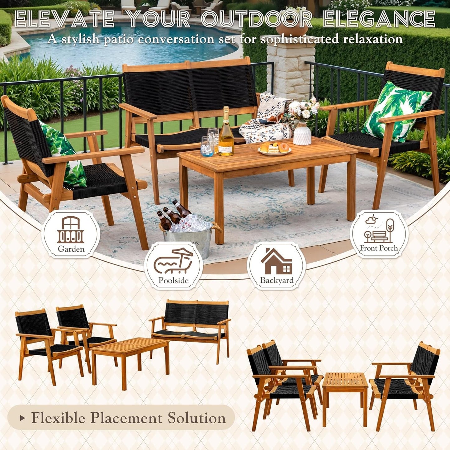 Acacia Wood Patio Conversation Set with Comfortable Rope Seats-4