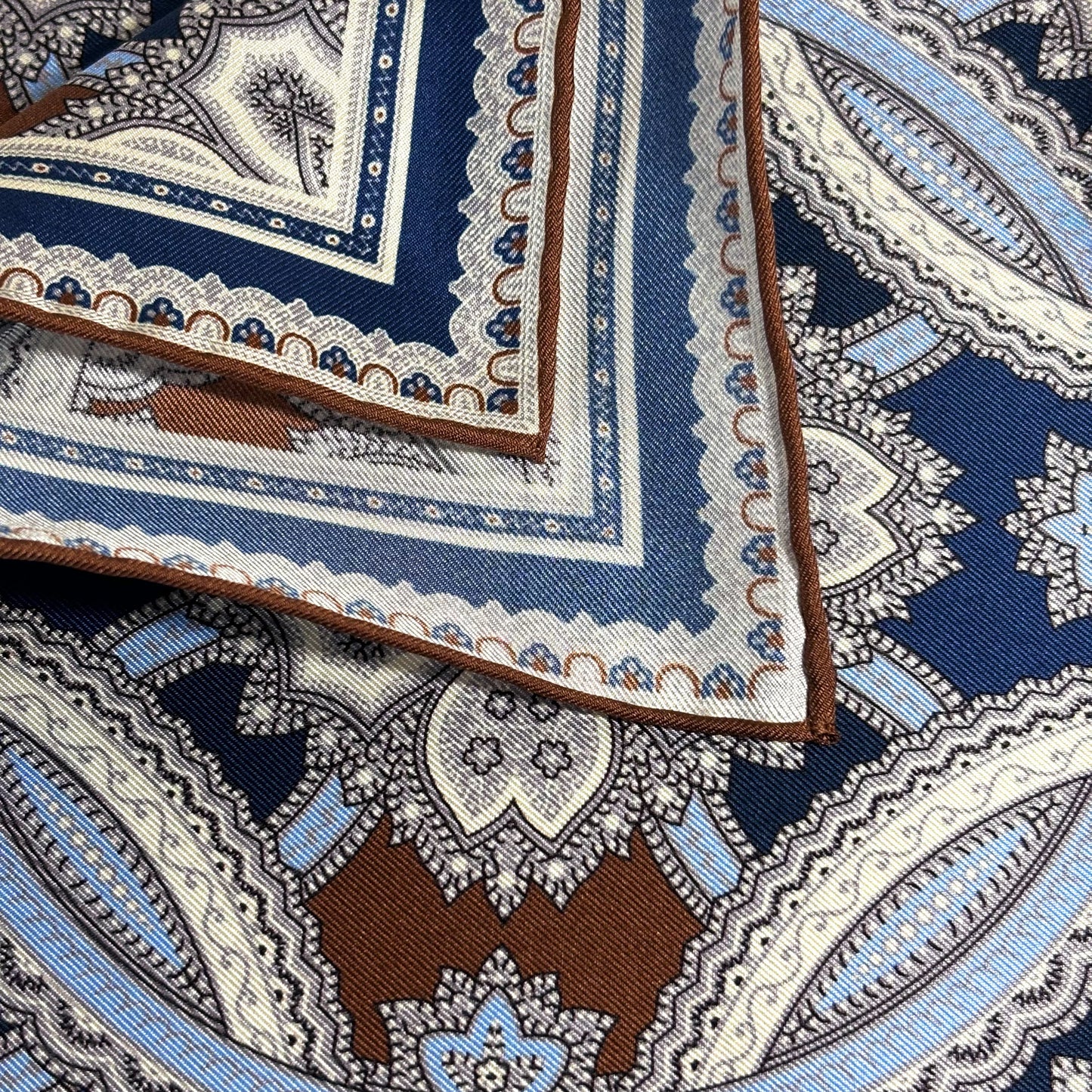 Brown & Light Blue Large Medallion Silk Pocket Square-4