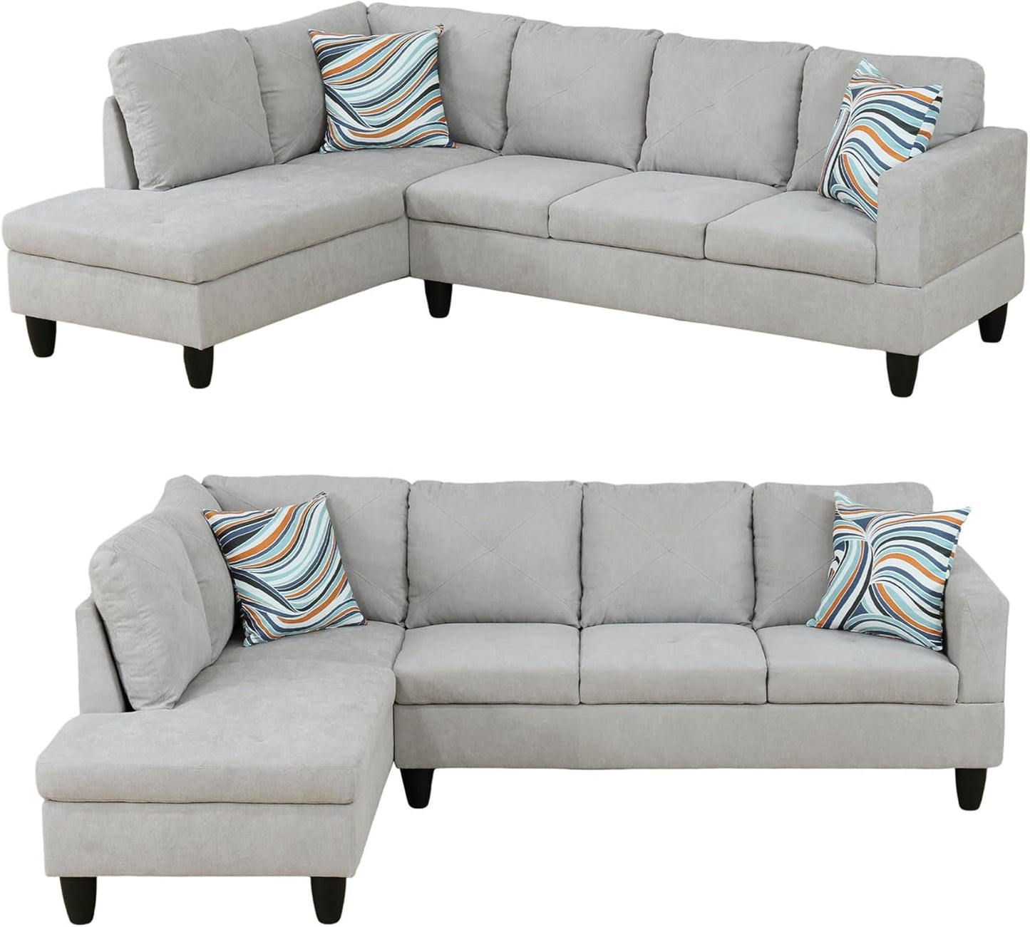 L-Shaped Sectional Sofa Set Luxurious Flannelette 5-Seat Couches, Durable and Comfortable, Space-Saving Design Perfect for Modern Living Room, Apartment, Grey White-4