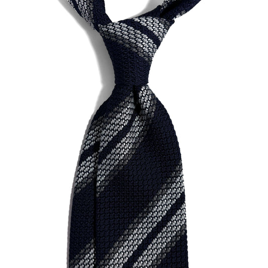 Navy Blue & White Striped Silk Grenadine Tie (Garza Grossa)-1