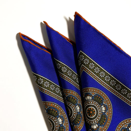 Regal Indigo & Orange Medallion Silk Pocket Square-1