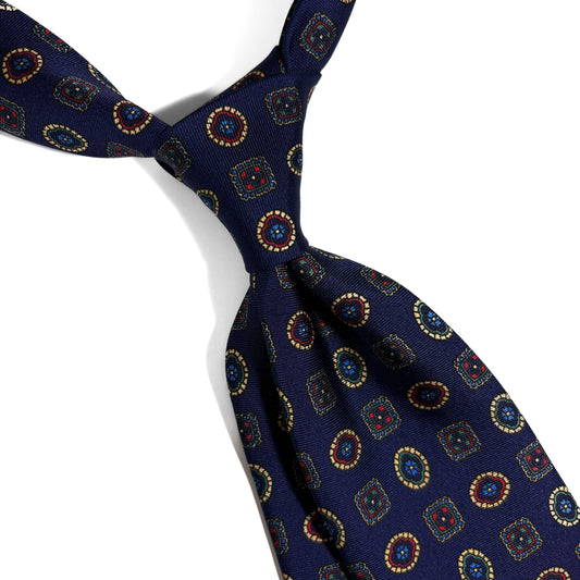 Navy Blue Geometric Medallion Silk Tie-1