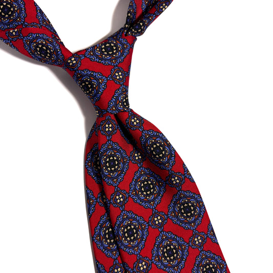 Hand-Printed Red Geometric Medallion Ancient Madder Silk Tie-1