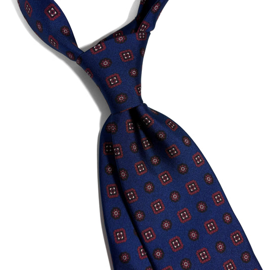 Seven Fold Navy Blue & Red Geometric Printed Silk Tie-1