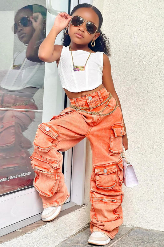 Mini Lily High Rise Cargo Jeans- Orange
