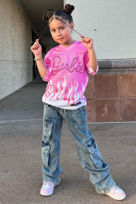 Mini Wide Leg Cargo Jeans - Blue Wash