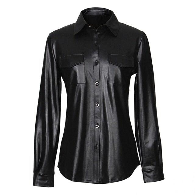 Nightclub Women's Genuine Leather Buttoned Long Sleeve Shirt-4