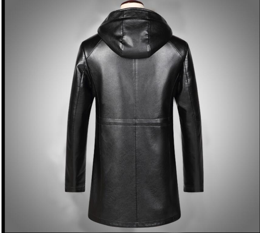 Sewn Mens Fur Lined 3/4 Length Hooded Leather Coat-4