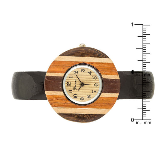 Brenna Black Wood Inspired Leather Cuff Watch-1
