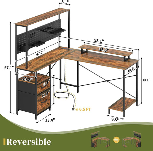 L Shaped Desk with Pegboard, Reversible Computer Desk with Drawers & Storage Shelves, Gaming Desk with LED Lights & Power Outlets, Office Desk with Monitor Stand Corner Desk Home Office Desks-1