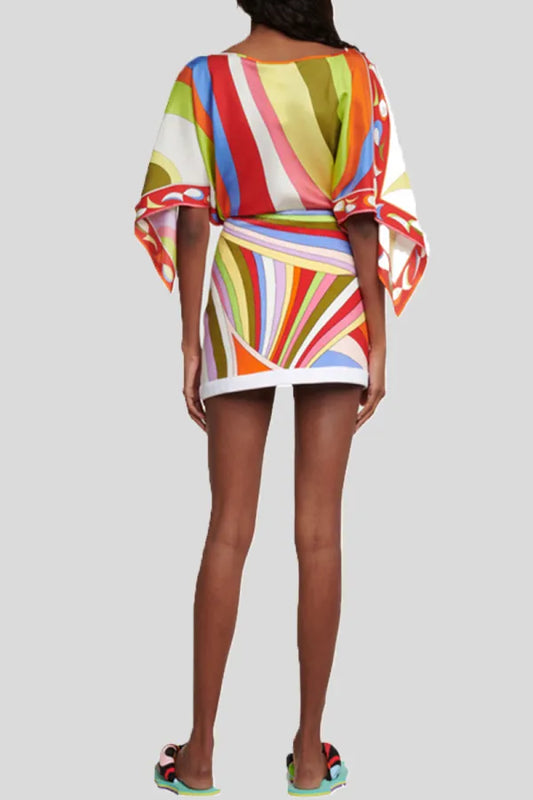 Street Color Block Patchwork Boat Neck Half Sleeve Two Pieces