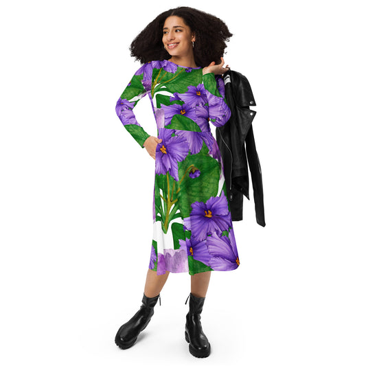 AFRICAN VIOLET All-Over Print Long Sleeve Midi Dress by SobG Designs