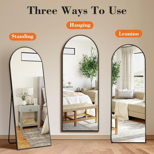 Arched Full Length Mirror with Stand 64"X21" Floor Standing Aluminum Frame for Bedroom Body Hanging Leaning Modern Simple Home Decor Shatter-Proorf Nano Glass Wall Living Room Cloakroom Black-1