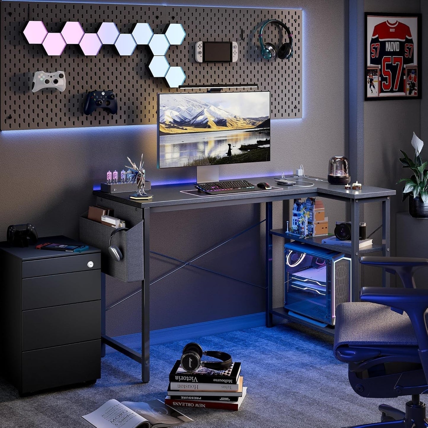 L Shaped Computer Desk with Power Outlets, 47 Inch Small Corner Desk with Reversible Shelves, Gaming Desk Computer Table Study Writing Table for Home Office Bedroom Small Space, Black-4