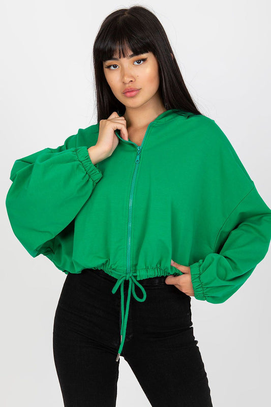 Long Sleeves, Zippered, Hooded Short Sweatshirt in Green