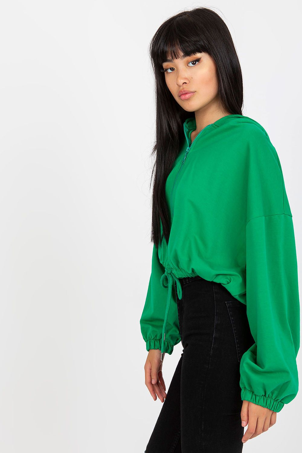 Long Sleeves, Zippered, Hooded Short Sweatshirt in Green