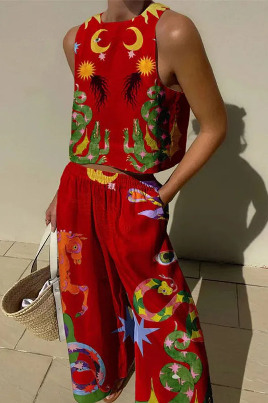 Casual Print Pocket O Neck Sleeveless Two Pieces