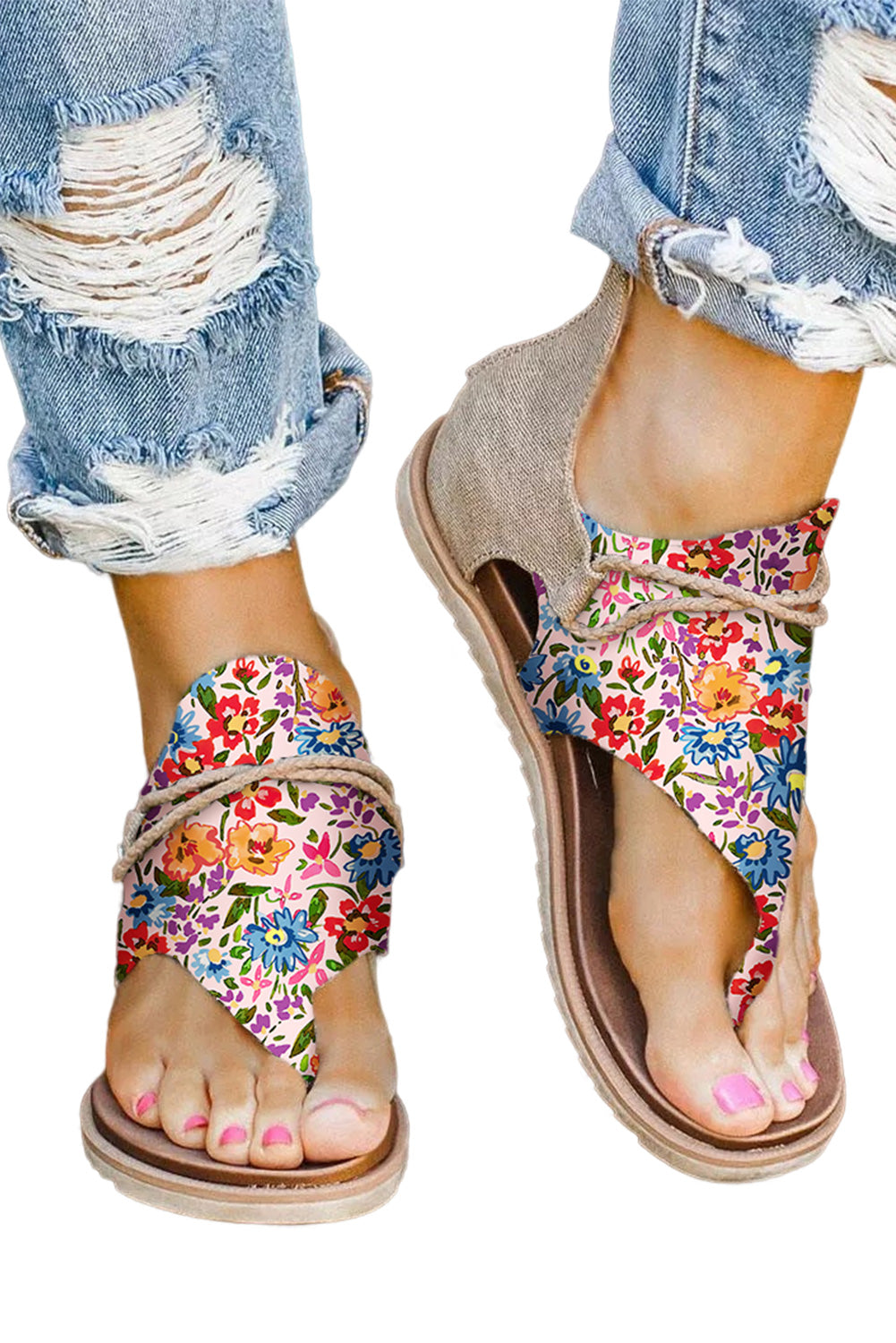 SHEWIN Multicolor Floral Print Zipped Flip Flop Sandals